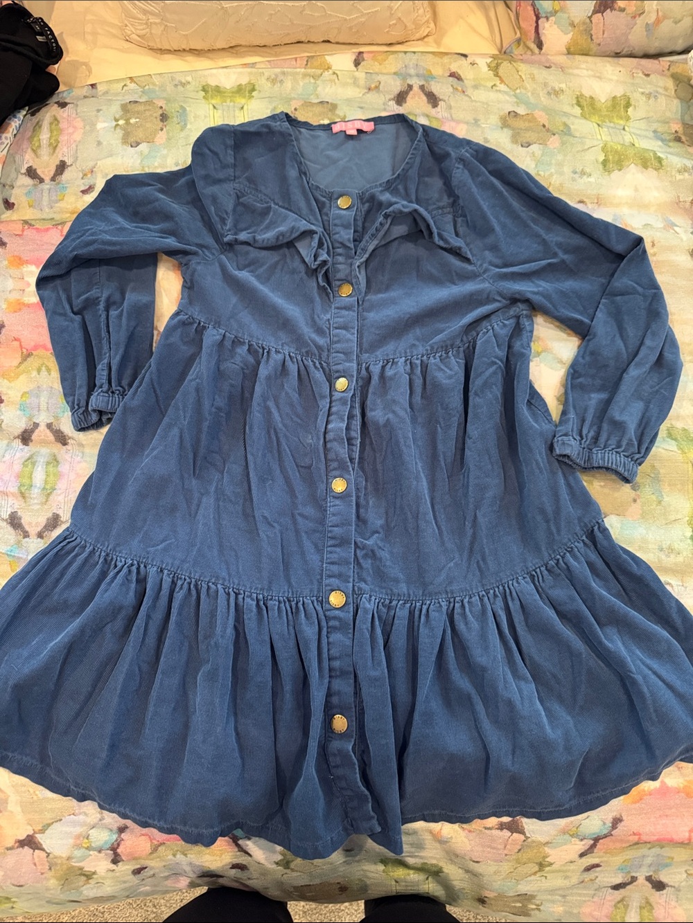 Girls' Navy Button-Front Tiered Dress with Ruffle Collar